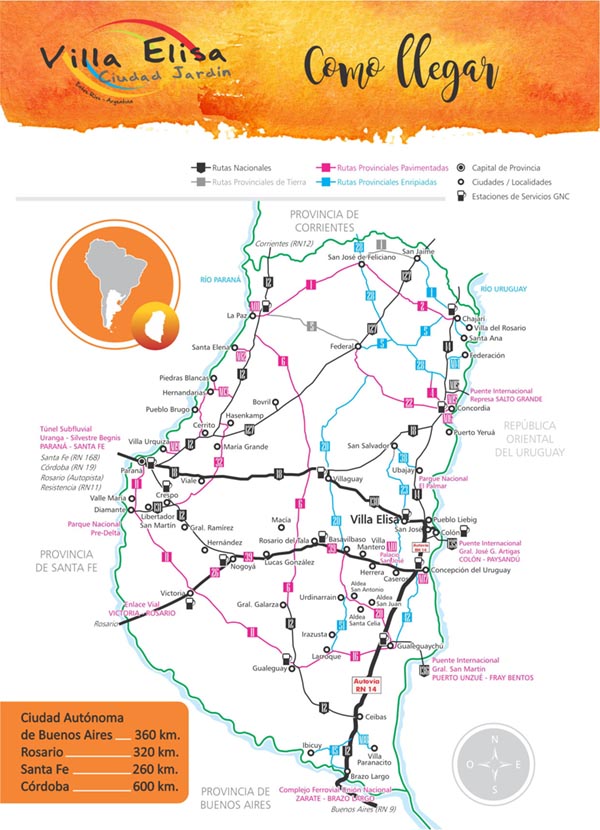 En el mapa de la provincia de Entre Ríos se pueden observar todas las rutas, que pueden utilizarse para llegar al complejo desde los diferentes puntos del país.
